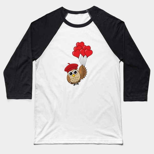Cute Owl Flying with Heart Balloons Baseball T-Shirt by BirdAtWork